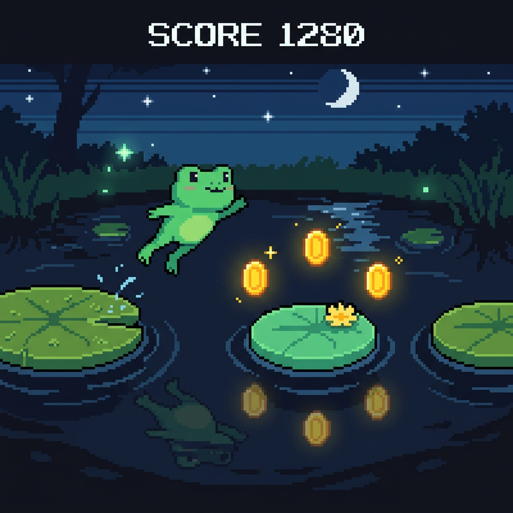 A pixel-art frog game running in a post